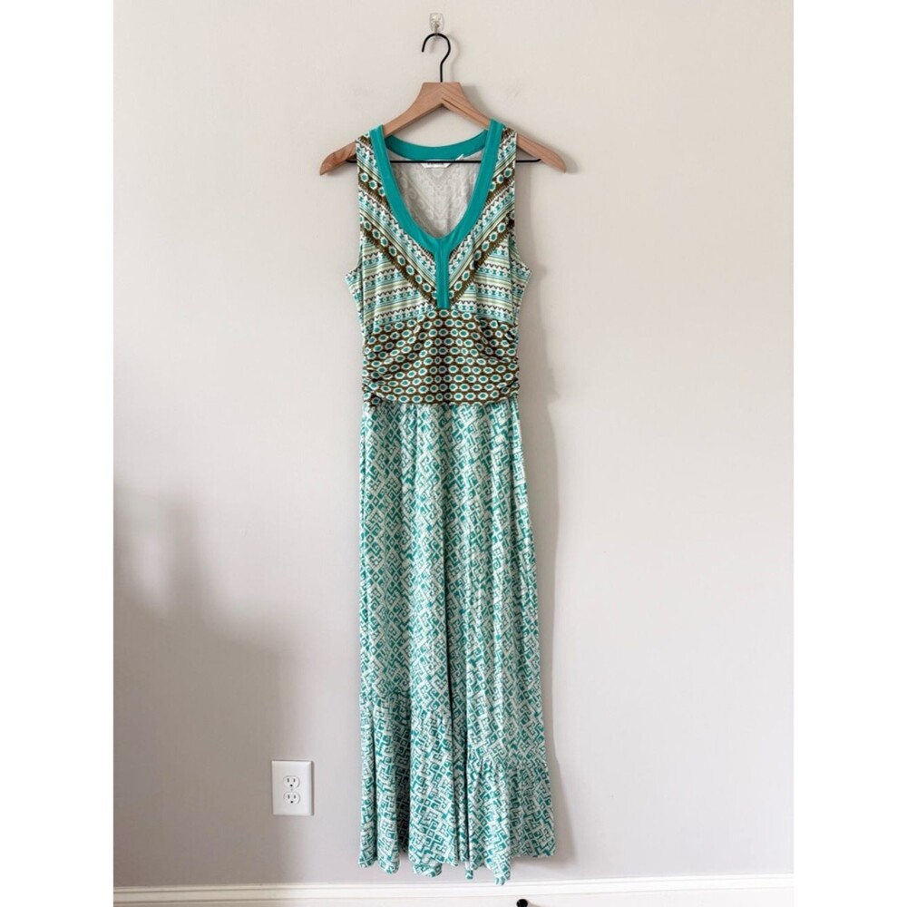 Athleta Sleeveless Maxi Dress in Turquoise White Olive Pattern Size M